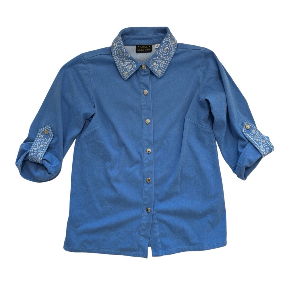 Bob Mackie Smart Denim Embroidered Collar &‎ Cuff Top Size XS Denim